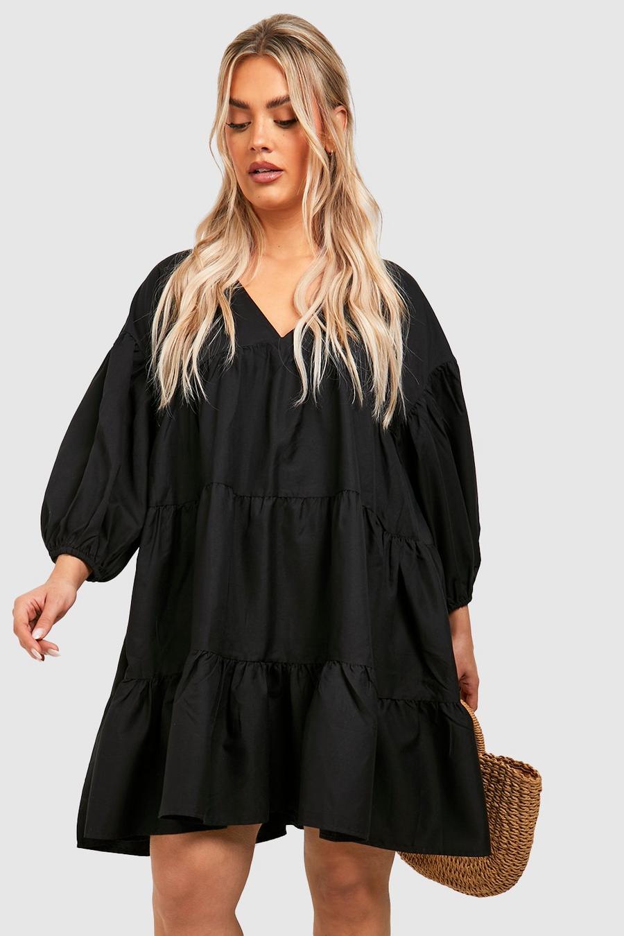 Vestido Plus holgado de tela escalonado con mangas abullonadas, Black image number 1