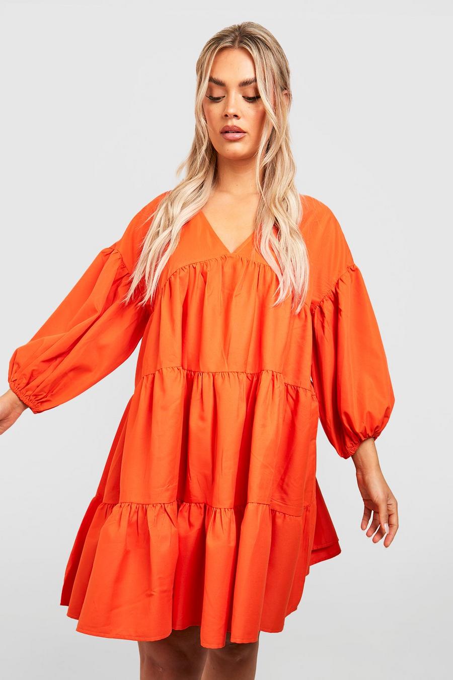 Orange Plus Woven Tiered Puff Sleeve Smock Dress