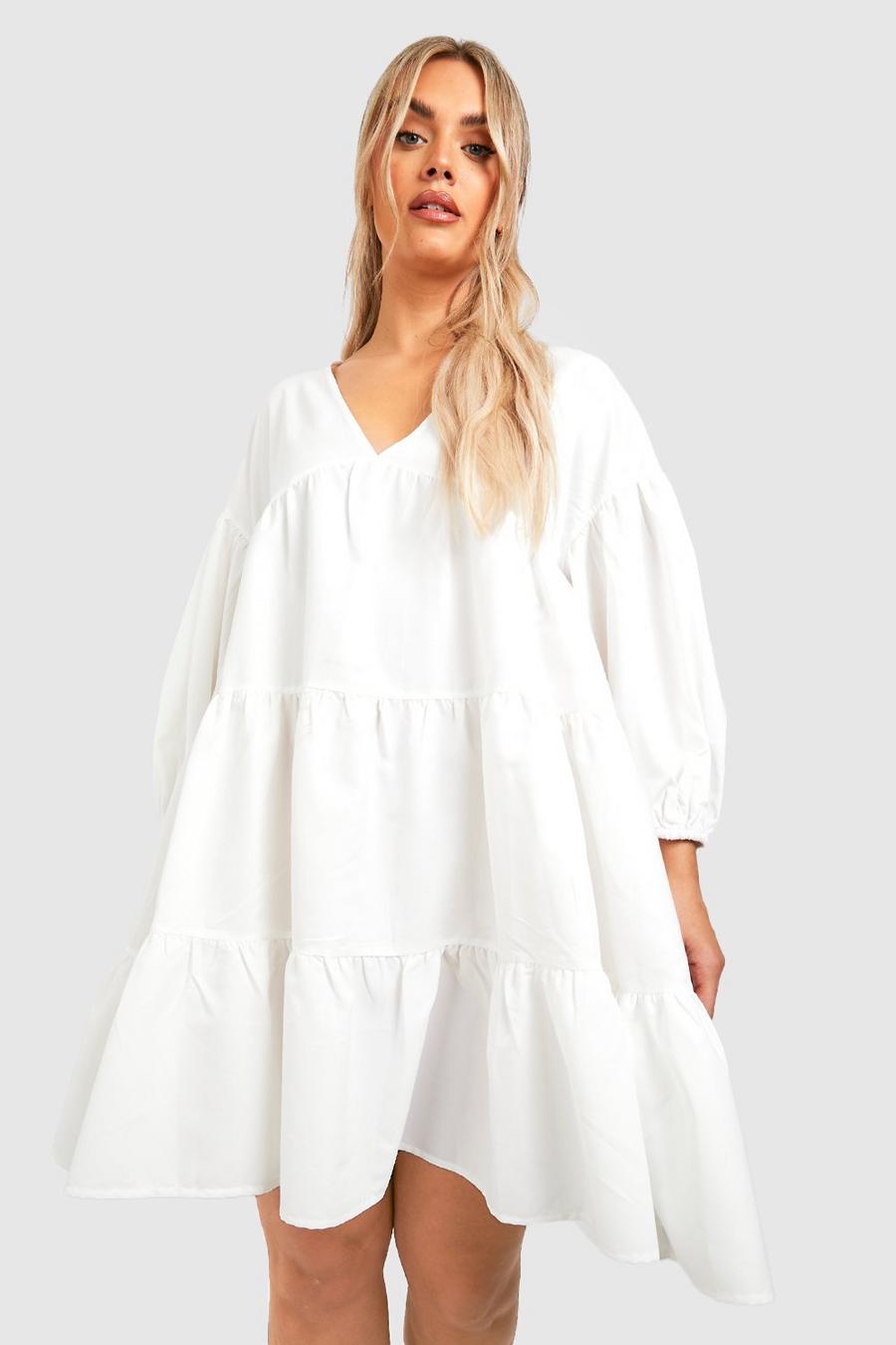 White Plus Woven Tiered Puff Sleeve Smock Dress image number 1