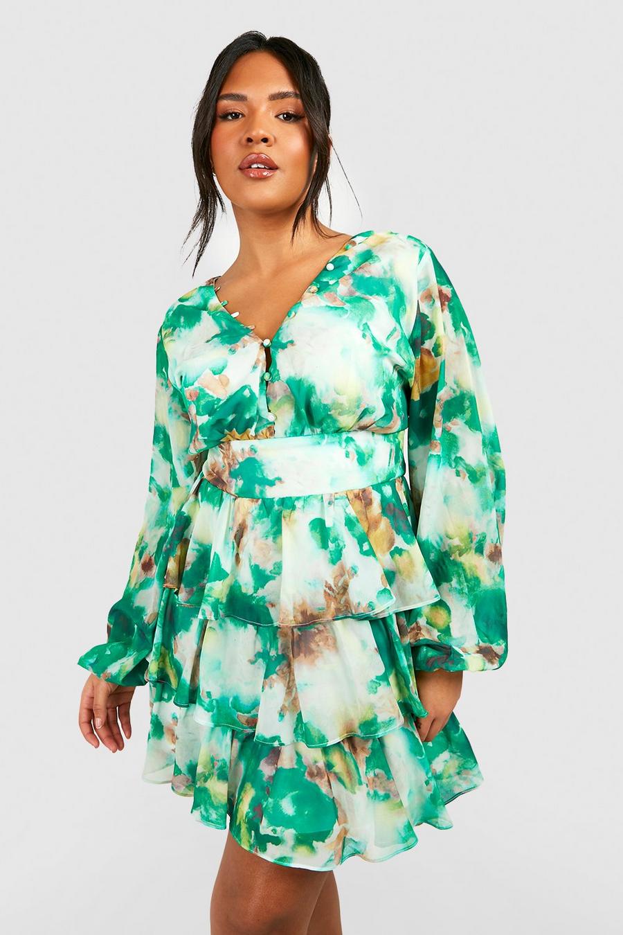 Green Blurred Floral Milkmaid Midi Dress