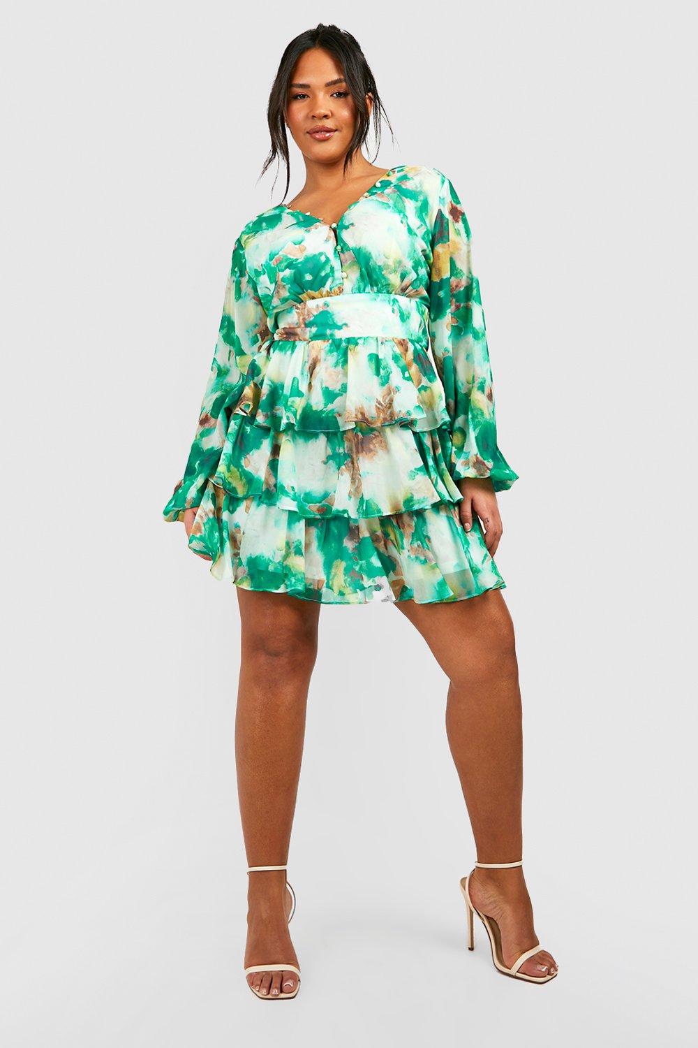 Plus Printed Chiffon Ruffle Skater Dress