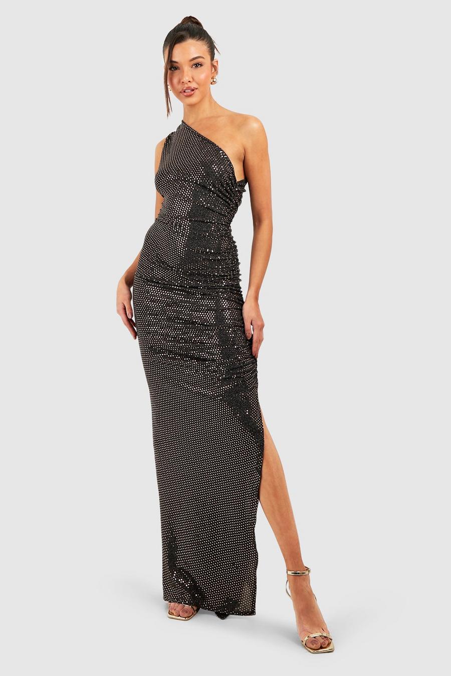 Rose gold metallic Sequin Asymmetric Rouched Maxi Dress