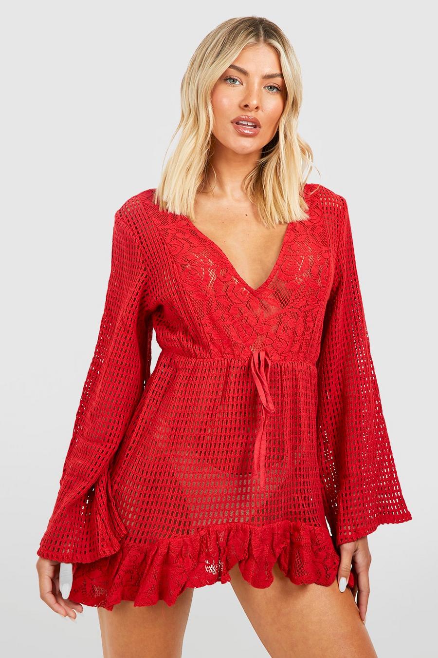 Red Lace Crochet Frill Hem Beach Dress image number 1