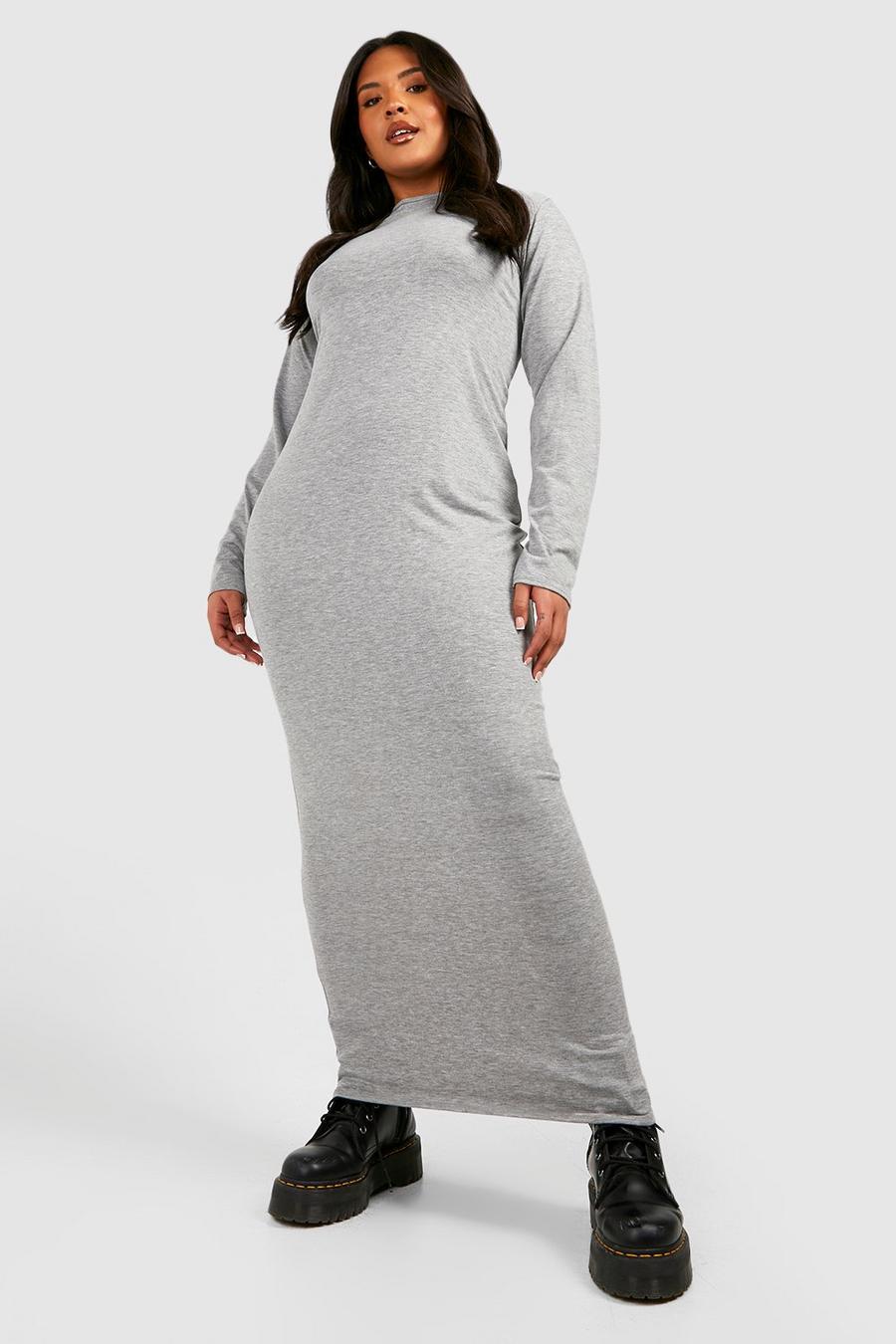 Grey marl Plus Long Sleeve Maxi T-shirt Dress