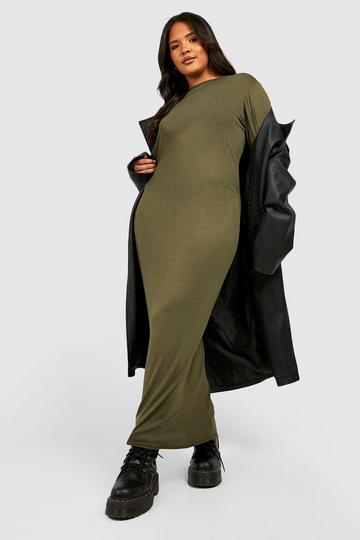 Plus Long Sleeve Maxi T-Shirt Dress khaki