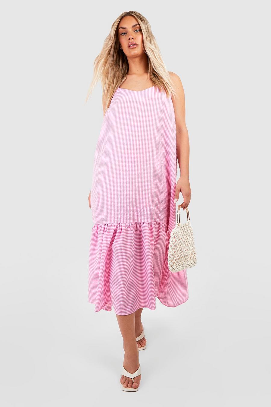 Pink rosa Plus Frill Hem Strappy Gingham Midaxi Dress image number 1