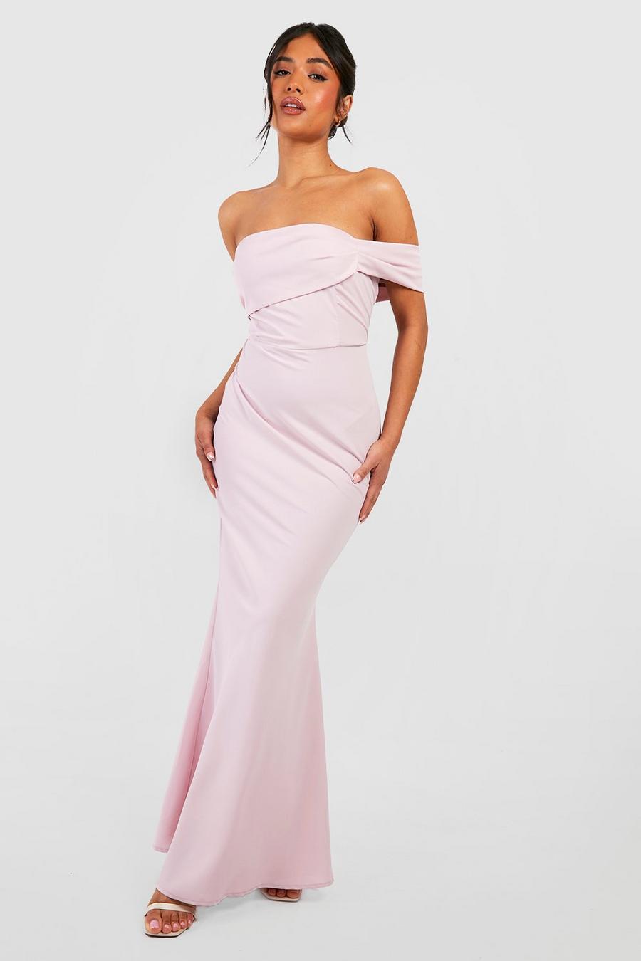 Blush pink Petite Bridesmaid Off The Shoulder Maxi Dress