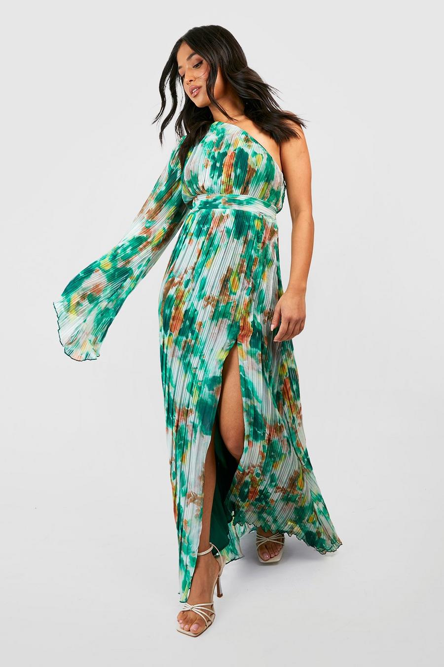 Green Petite Extreme Sleeve Asymetric Floral Maxi Dress  image number 1