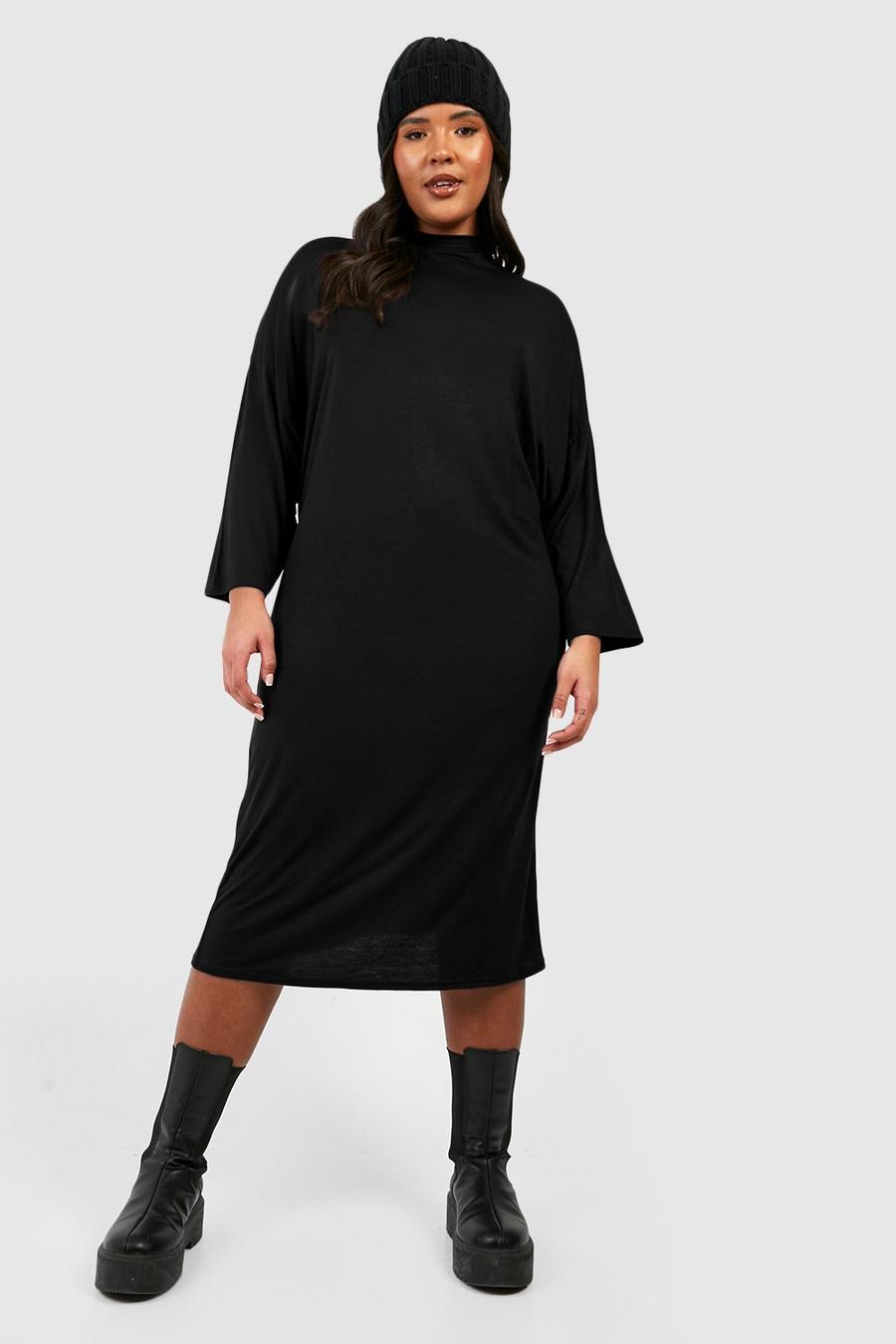 Black Plus High Neck Split Midi T-shirt Dress image number 1