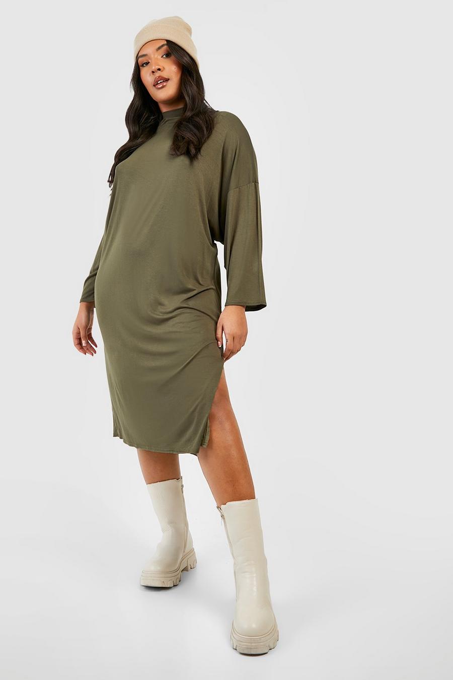 Khaki Plus High Neck Split Midi T-shirt Dress