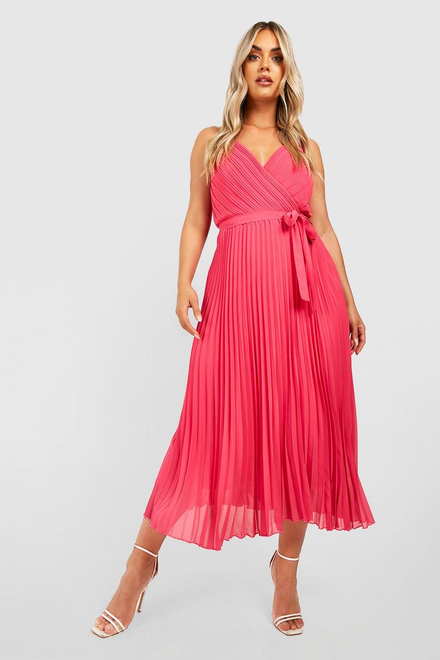Magenta pink Plus Pleated Chiffon Wrap Skater Dress image number 1