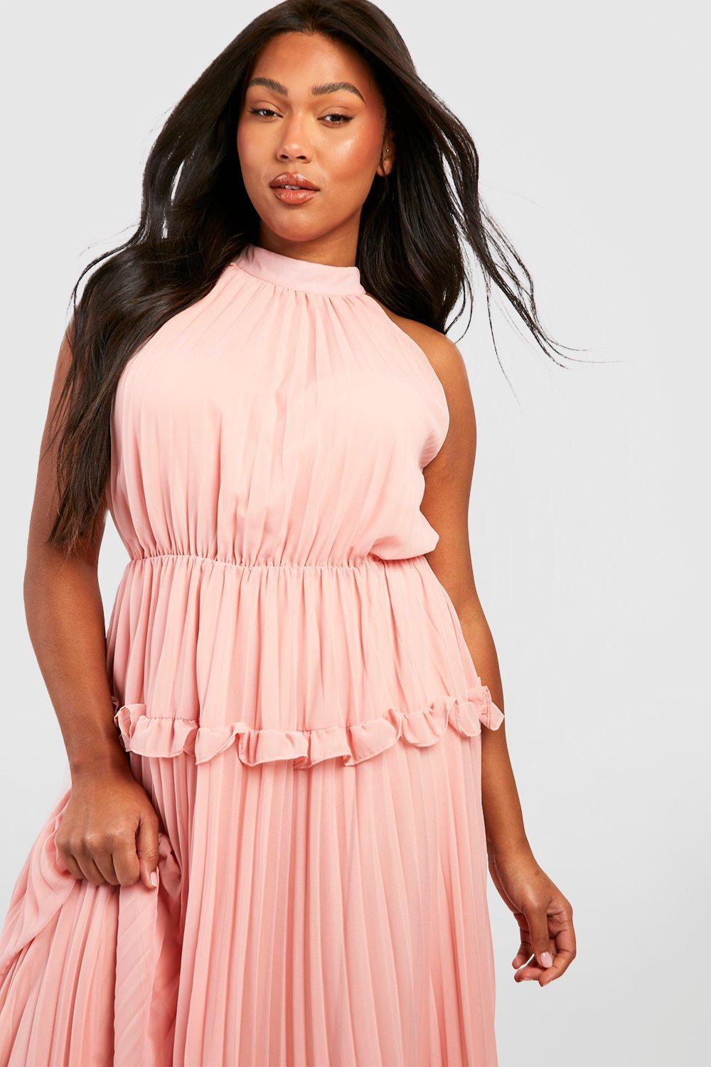 Plus Halter Pleated Frill Maxi Dress