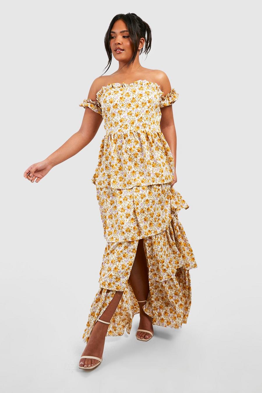 Yellow Plus Lång off shoulder-klänning med knytskärp och volanger