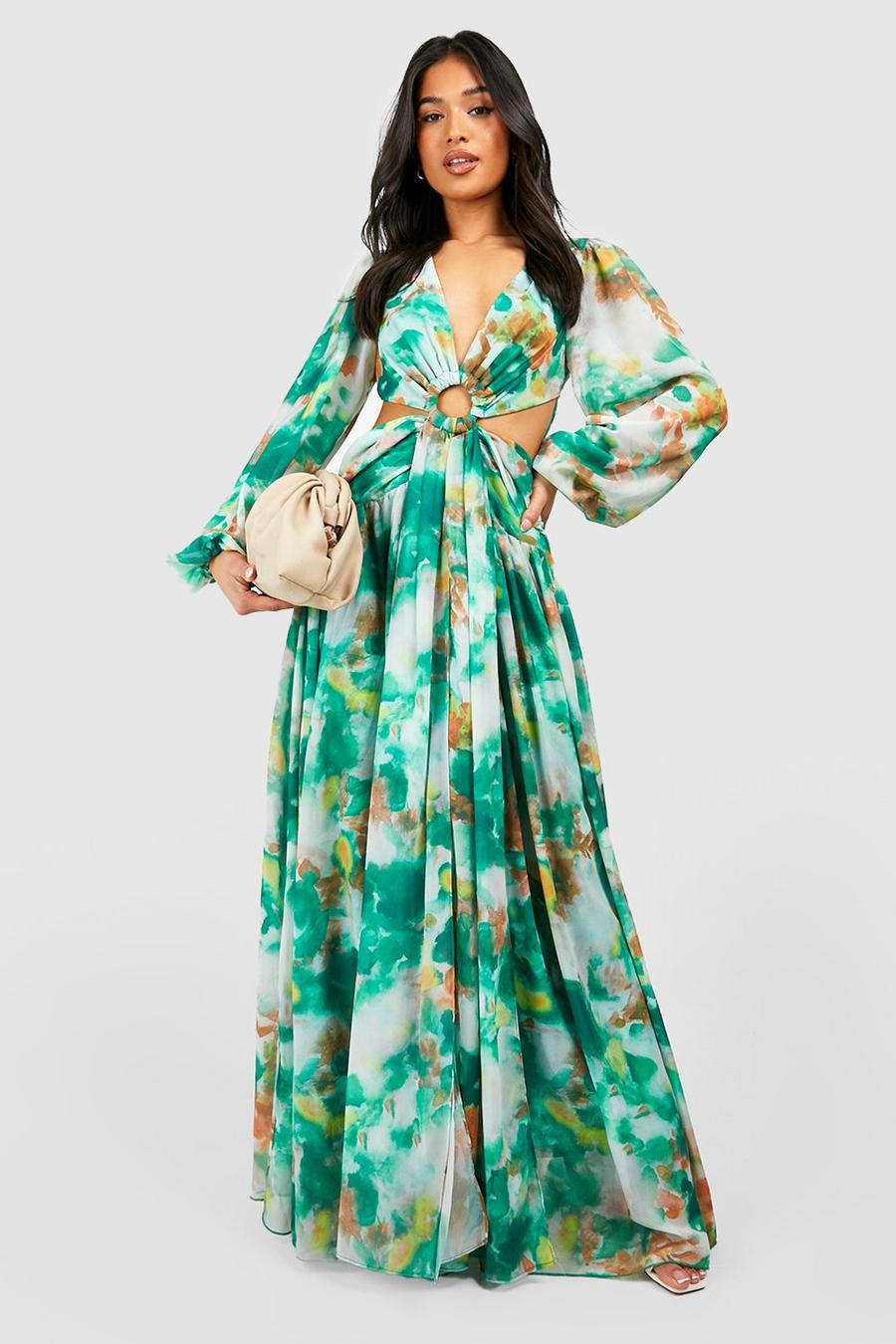 Green Petite Floral Chiffon Ring Detail Cut Out Maxi Dress image number 1