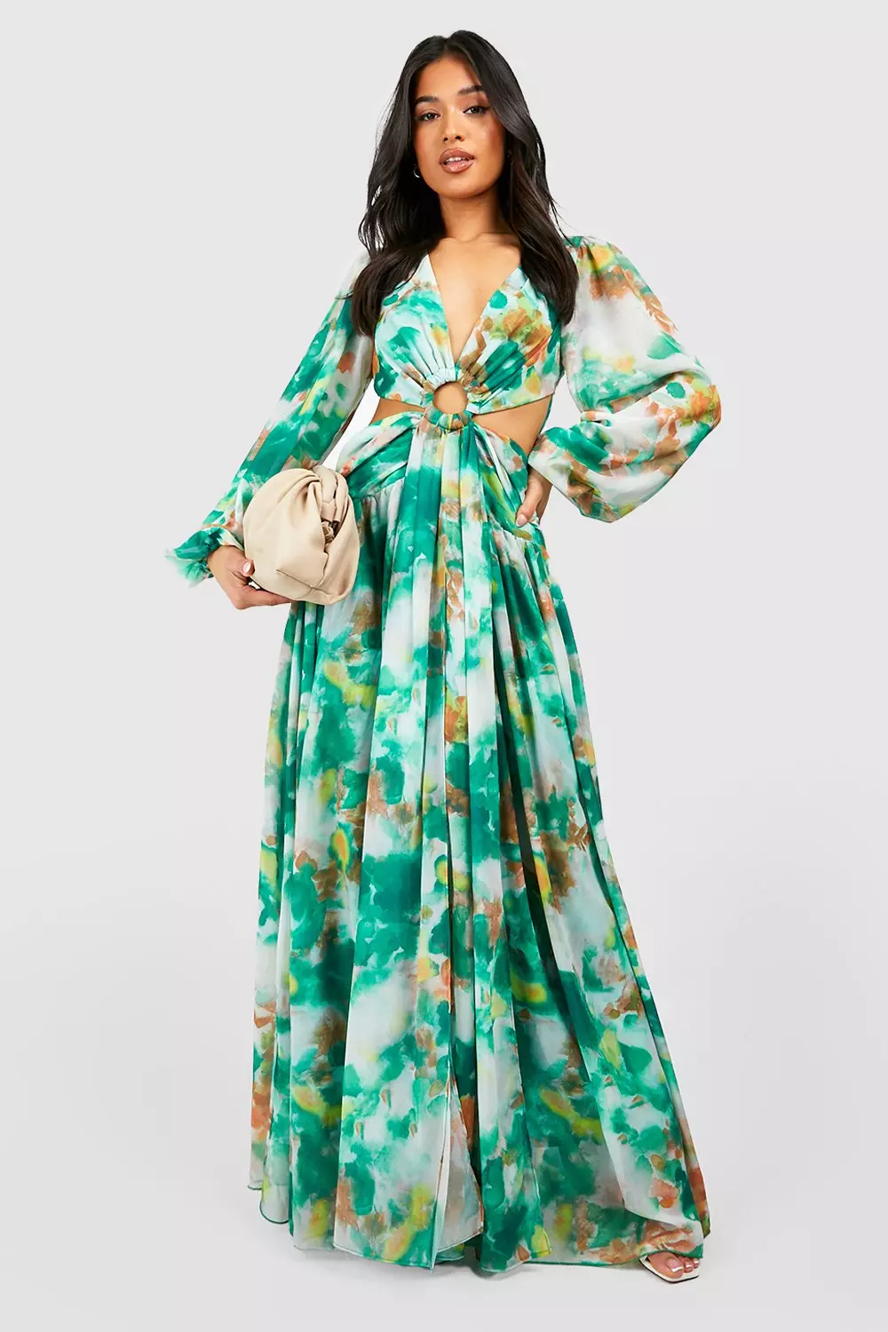 Petite Floral Chiffon Ring Detail Cut Out Maxi Dress