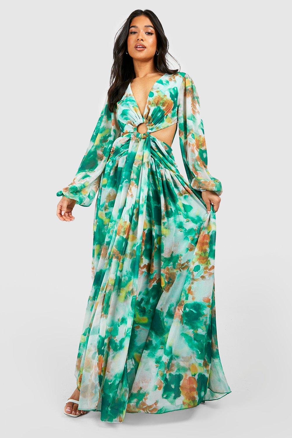 Petite Floral Chiffon Ring Detail Cut Out Maxi Dress