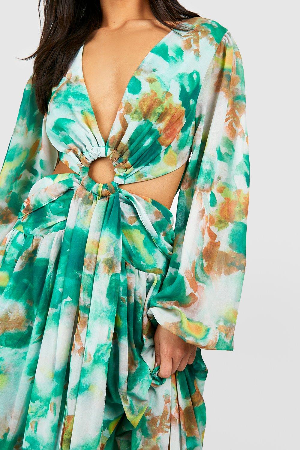 Petite Floral Chiffon Ring Detail Cut Out Maxi Dress