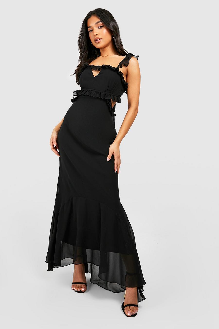 Black Petite Chiffon Ruffle Detail Maxi Dress image number 1