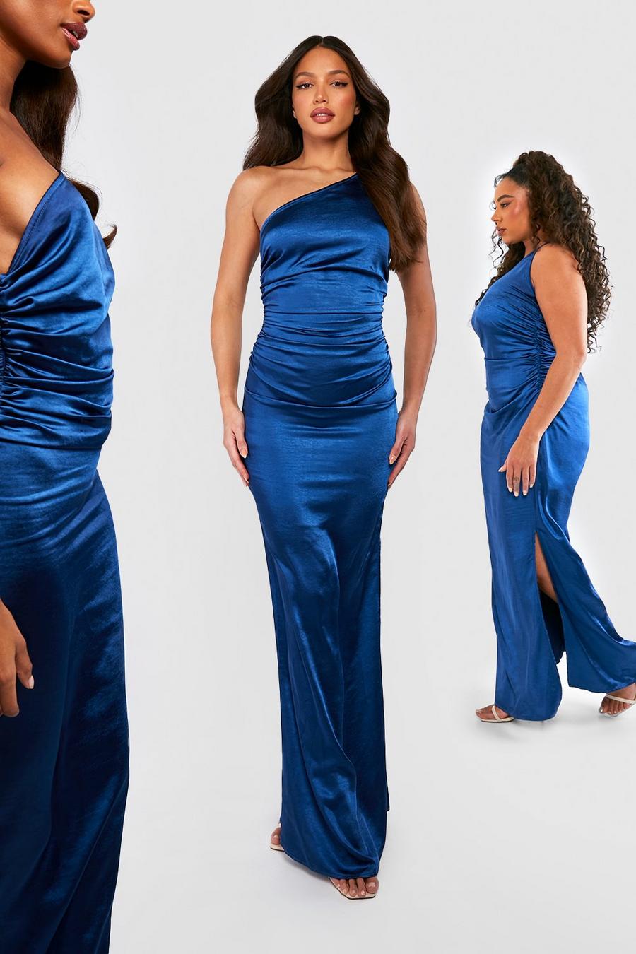 Navy Tall Bridesmaid Satin One Shoulder Ruched Maxi Dress image number 1
