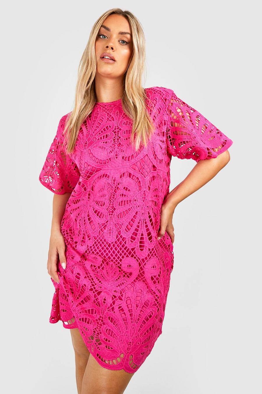 Vestido Plus recto Premium de croché y encaje, Hot pink image number 1