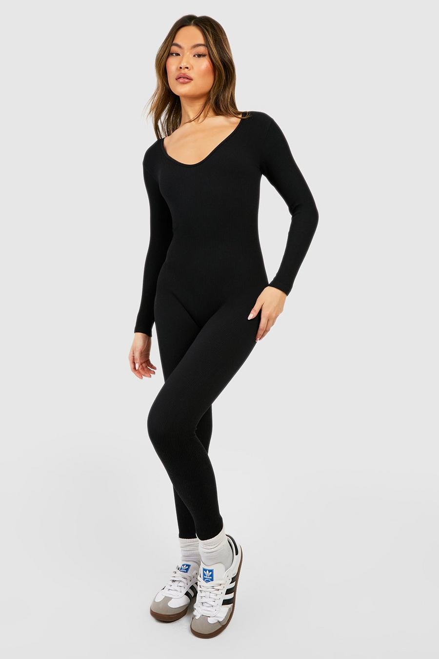 Black Seamless Contour Ribbed Scoop Neck Long Sleeve Jumpsuit 