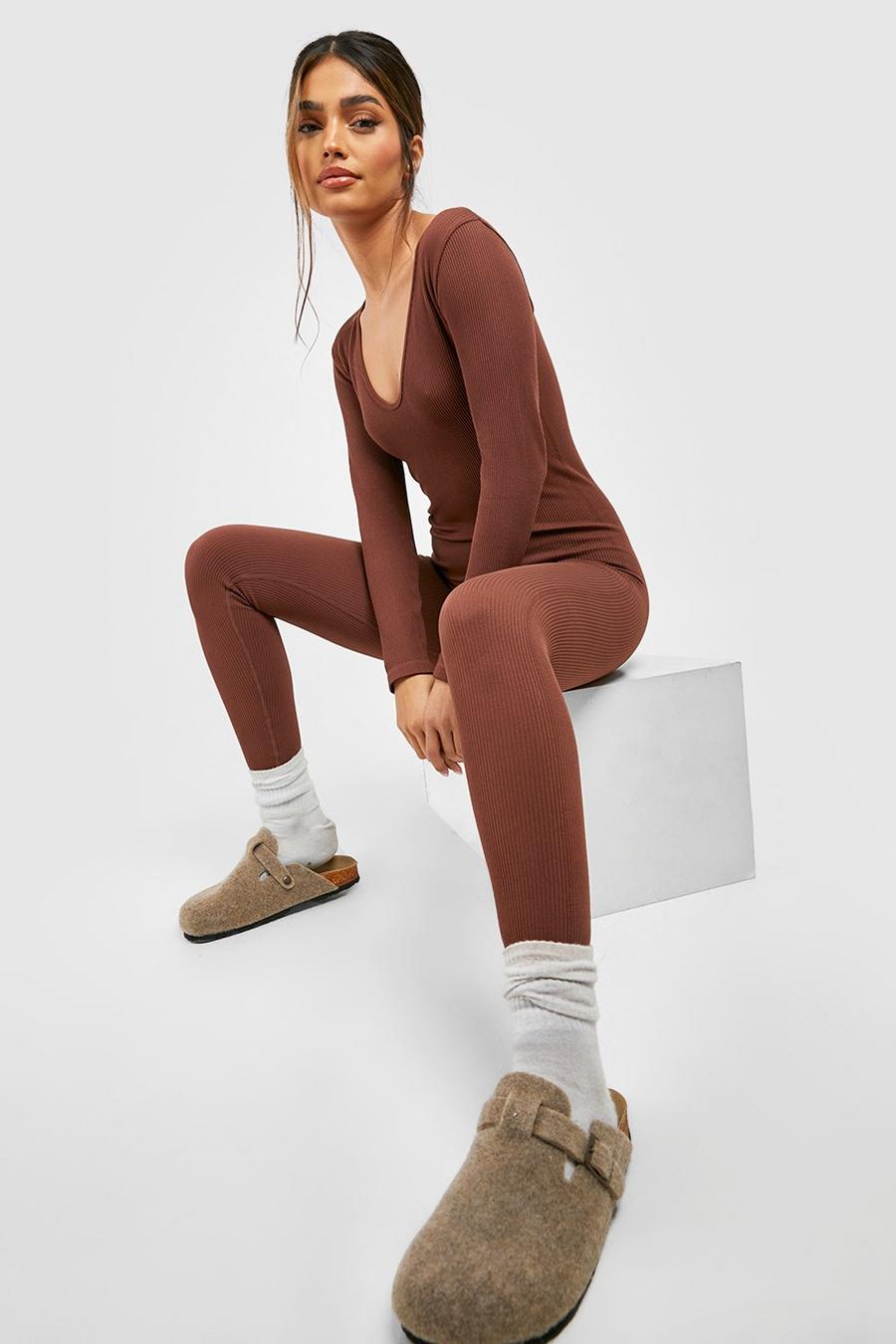 Chocolate brown Seamless Contour Ribbed Scoop Neck Long Sleeve Sculpt Jumpsuit