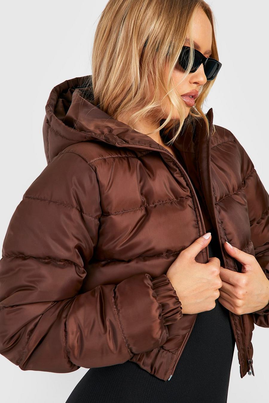 Chocolate brown Tall Hooded Puffer Jacket