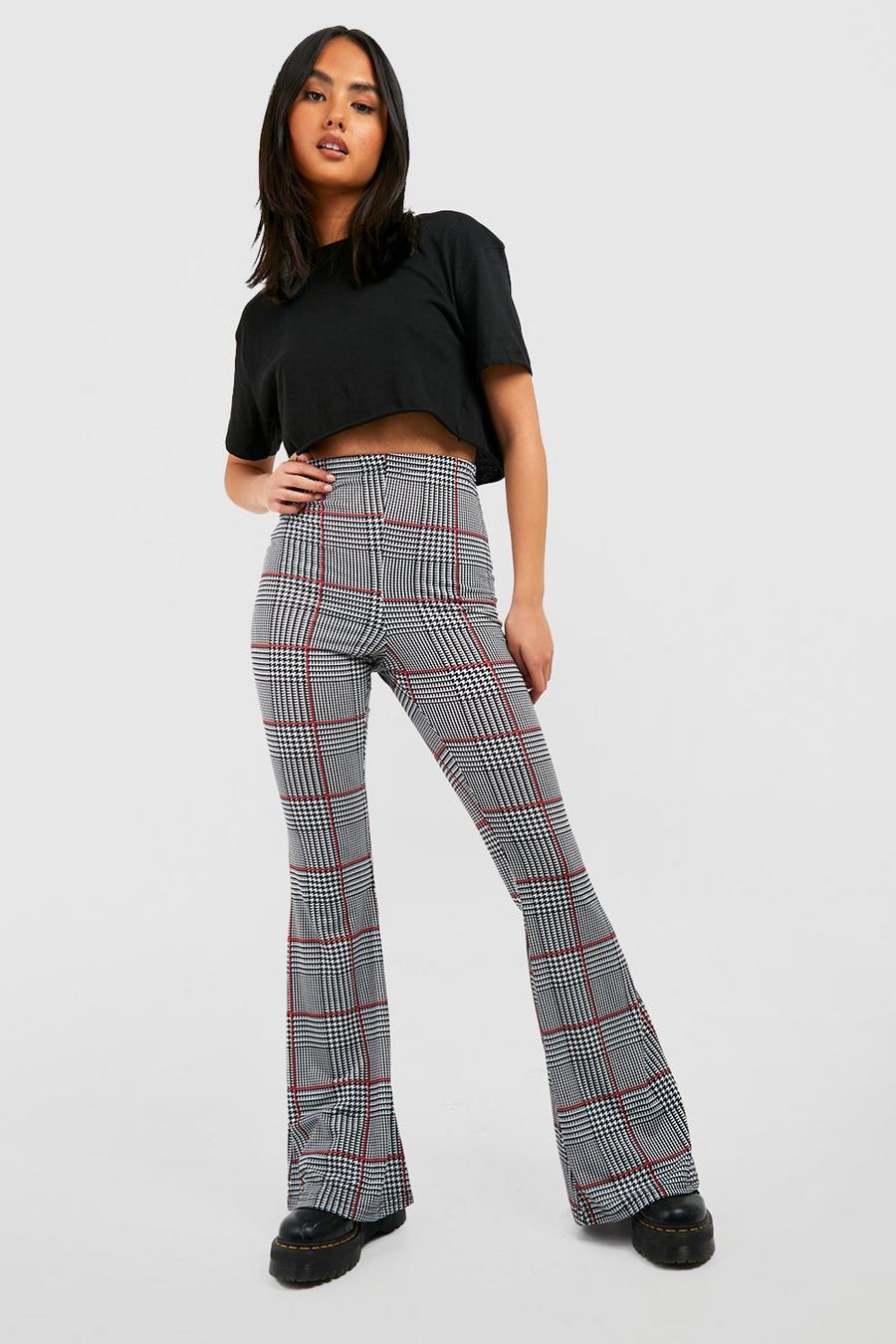 Black svart Houndstooth Check High Waisted Flared Trousers image number 1
