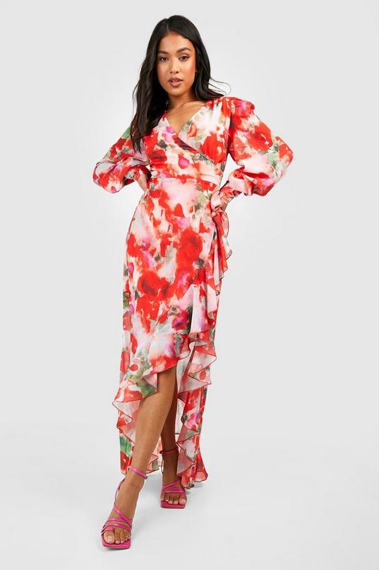 Women's Petite Chiffon Floral Wrap Ruffle Maxi Dress | Boohoo UK