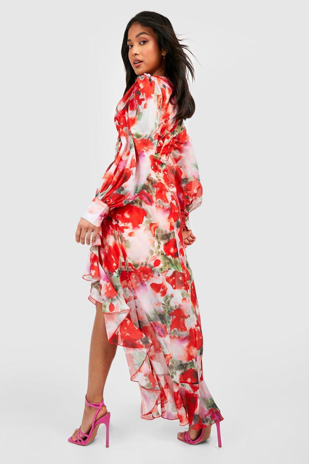 Petite Chiffon Floral Wrap Ruffle Maxi Dress