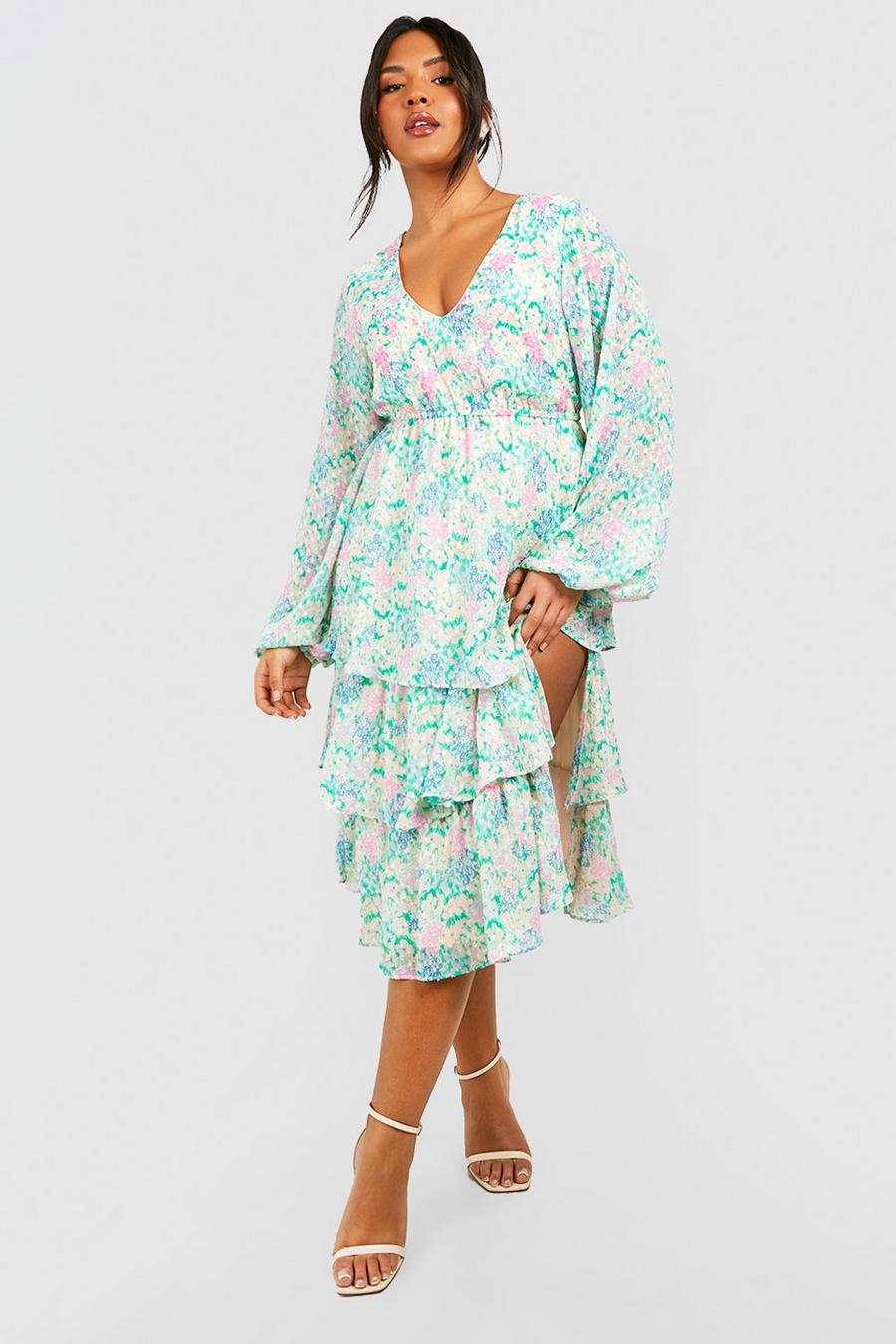 Plus Floral Dobby Tiered Ruffle Midi Dress image number 1