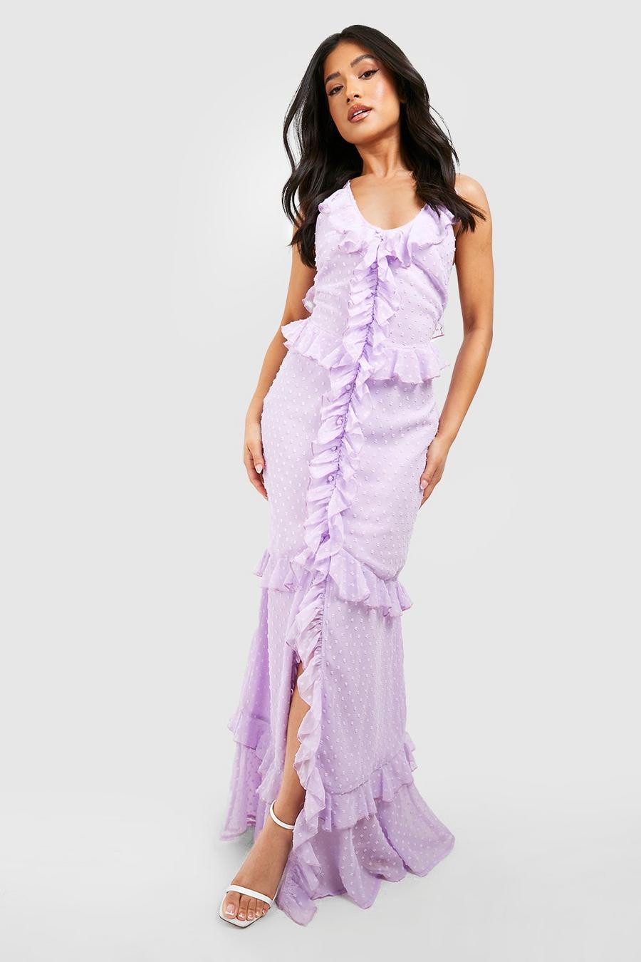 Lilac Petite Dobby Chiffon Ruffle Split Front Maxi Dress image number 1