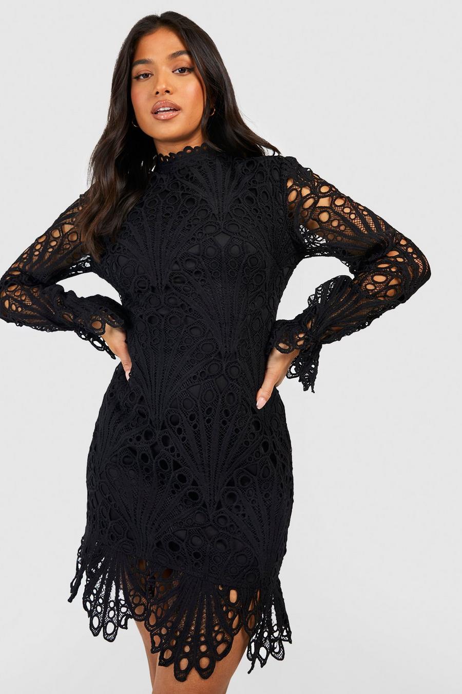 Black Petite Premium Lace High Neck Puff Sleeve Mini Dress