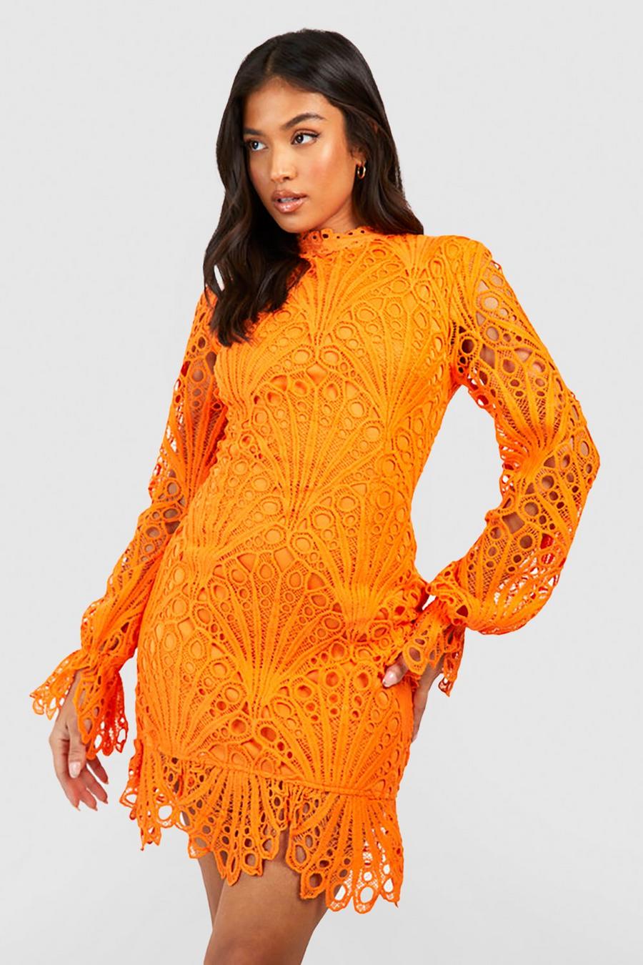 Orange Petite Premium Lace High Neck Puff Sleeve Mini Dress image number 1