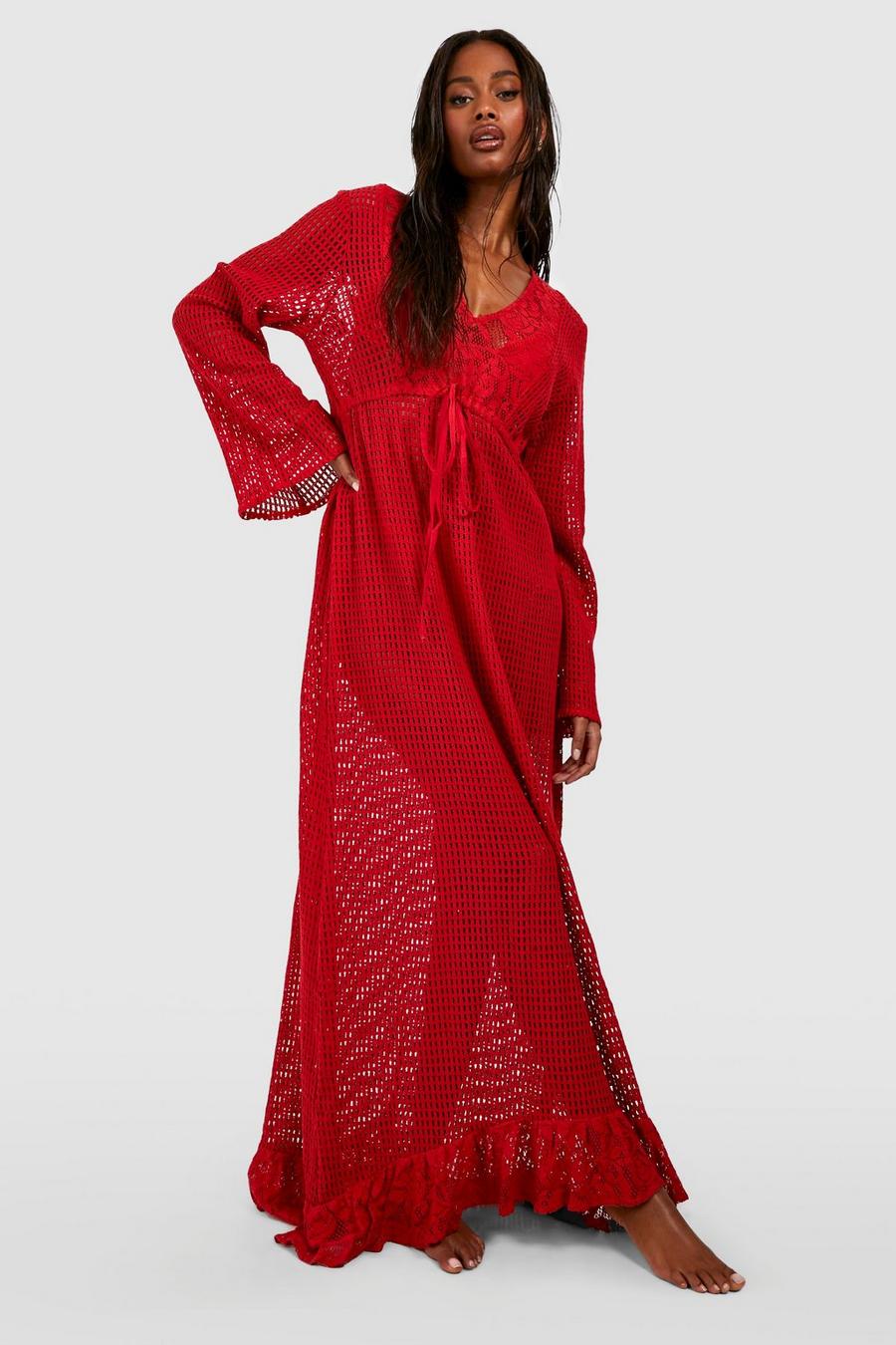 Red Lace Crochet Frill Hem Maxi Beach Dress image number 1