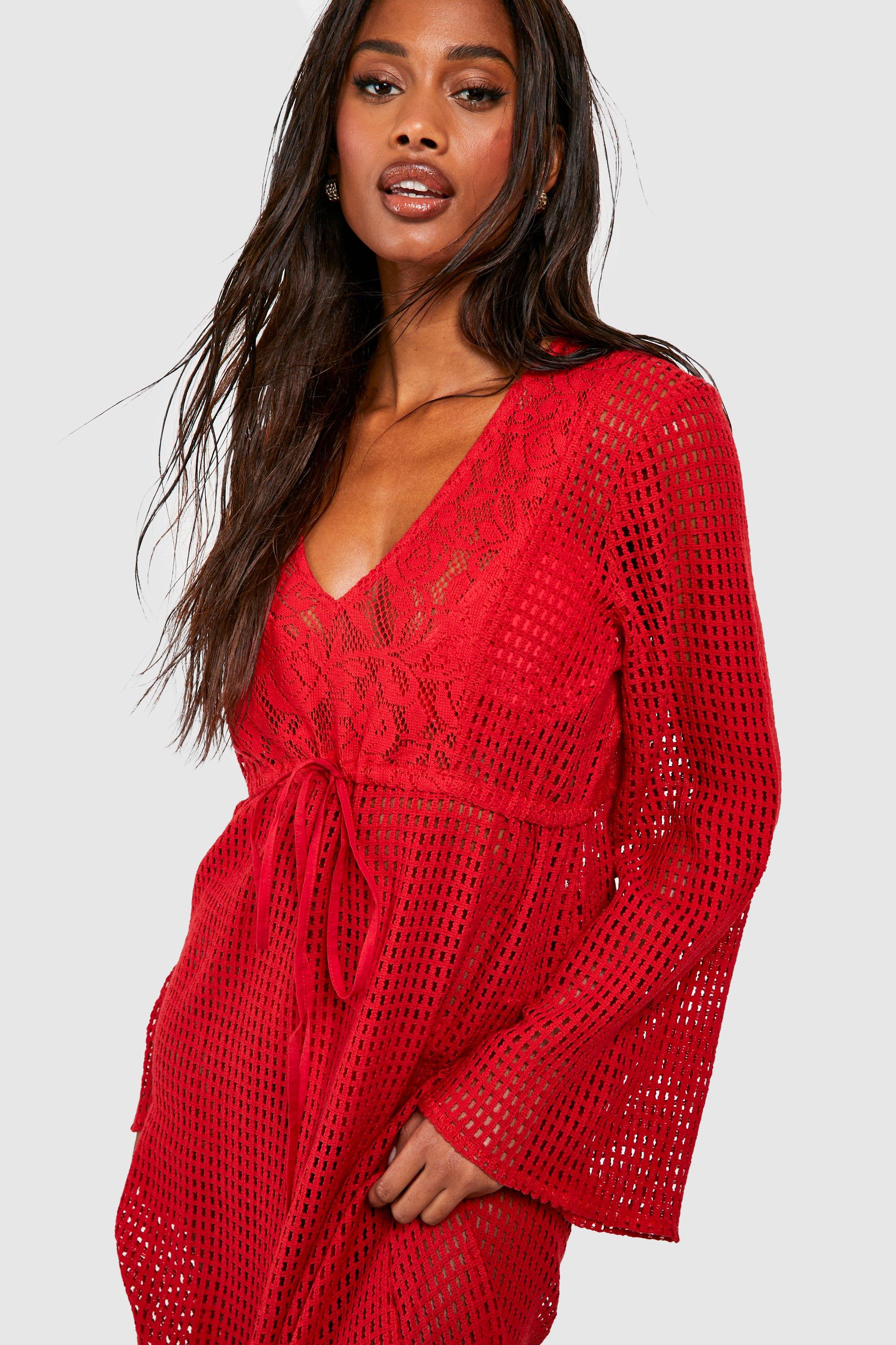 Brand New!! Womens Missguided Red Crochet Plunge Lace Mini Dress