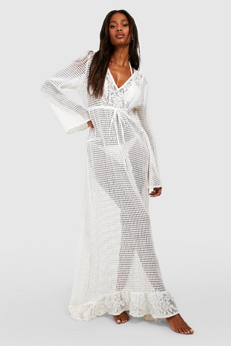 White Lace Crochet Frill Hem Maxi Beach Dress image number 1