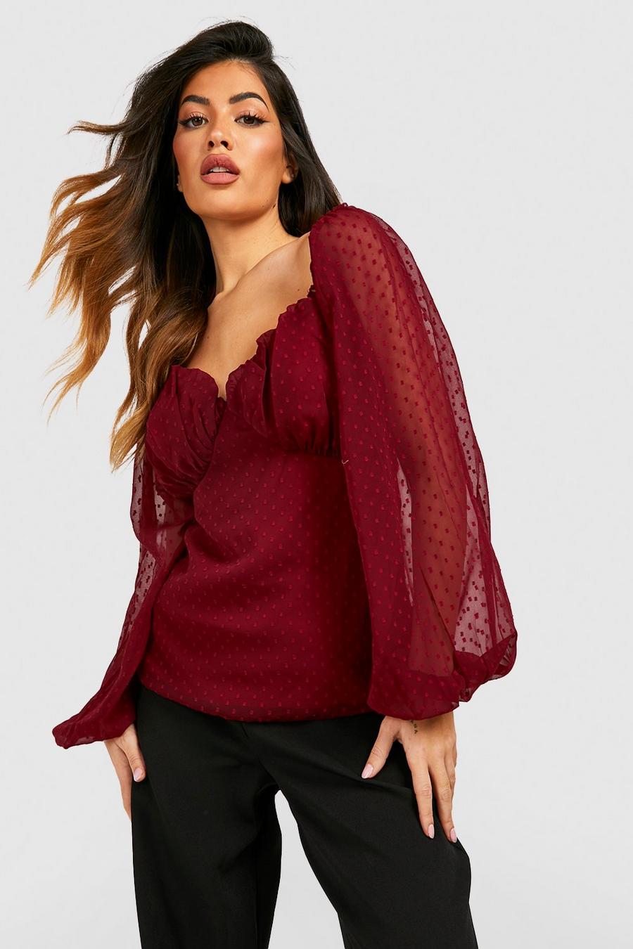 Berry rojo Dobby Mesh Ruched Cup Detail Blouse