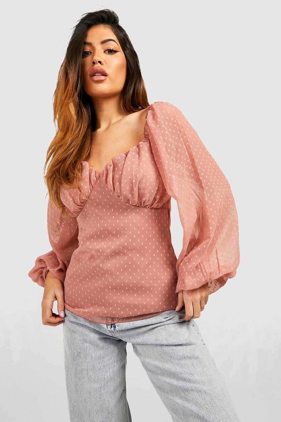 Blush pink Dobby Mesh Ruched Cup Detail Blouse image number 1