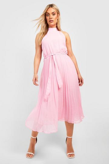 Rose Pink Plus Chiffon Halterneck Pleated Skater Dress