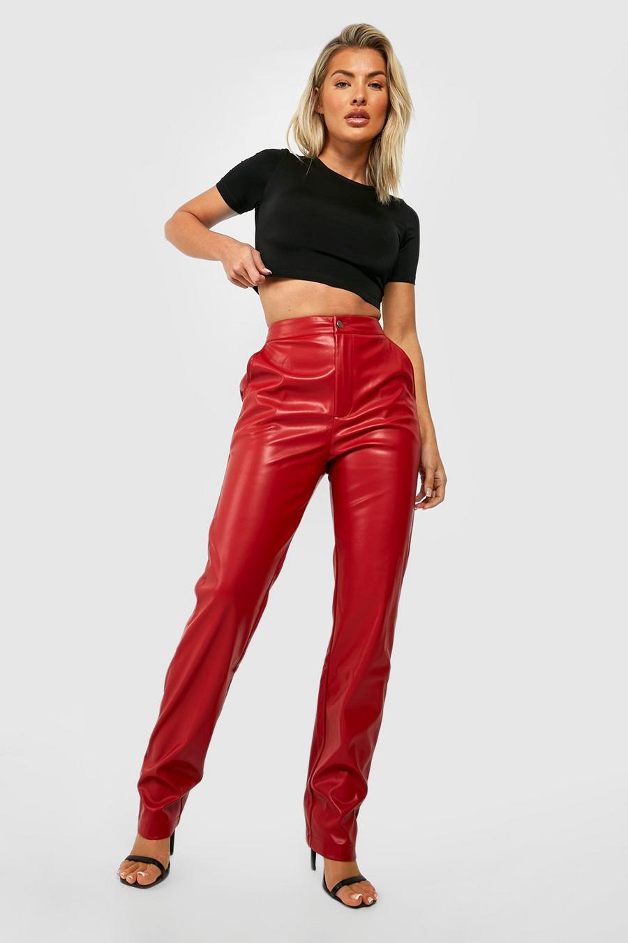 Red Faux Leather High Waisted Slim Fit Pants image number 1
