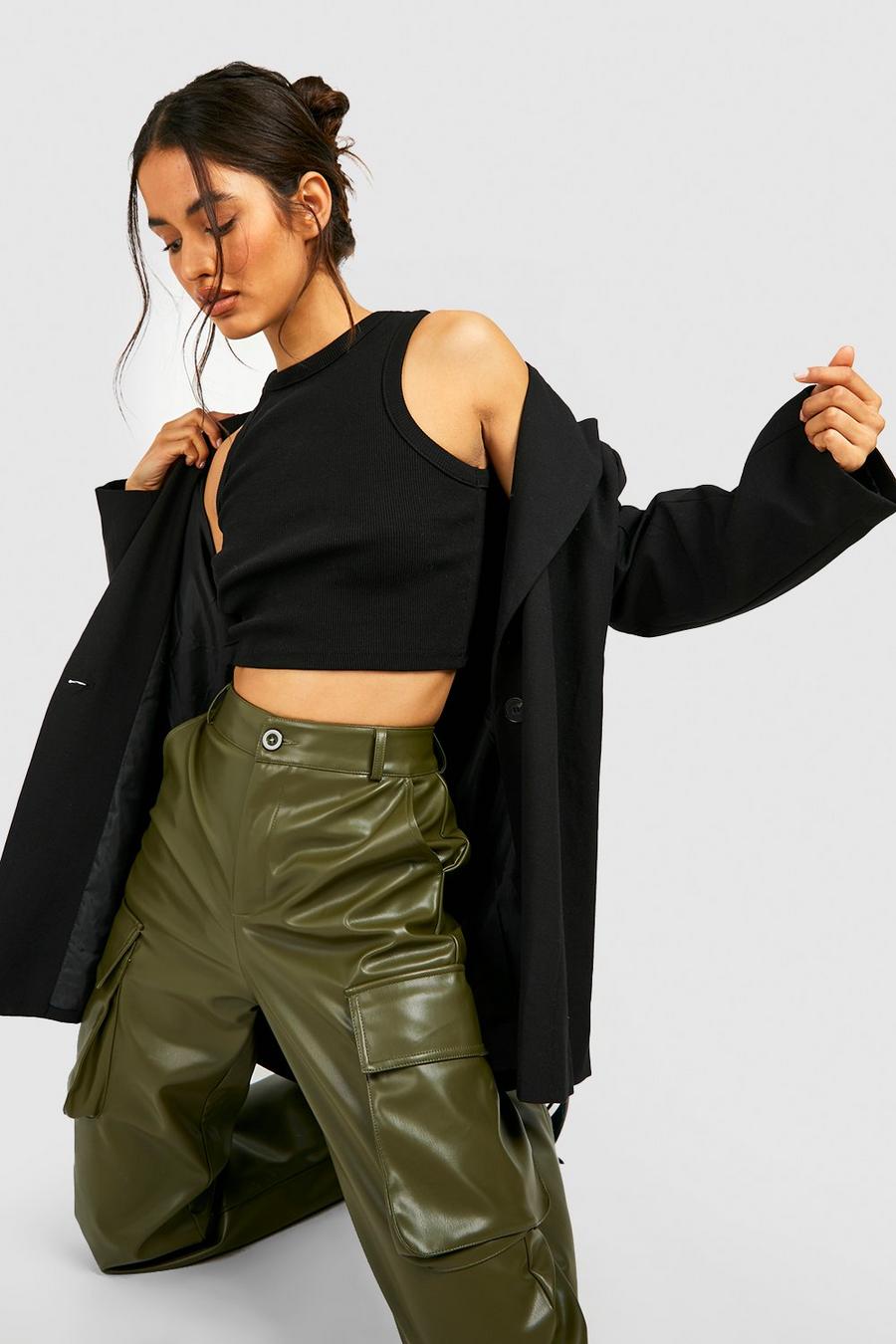 Khaki caqui Leather Look High Waisted Cargo Trousers image number 1