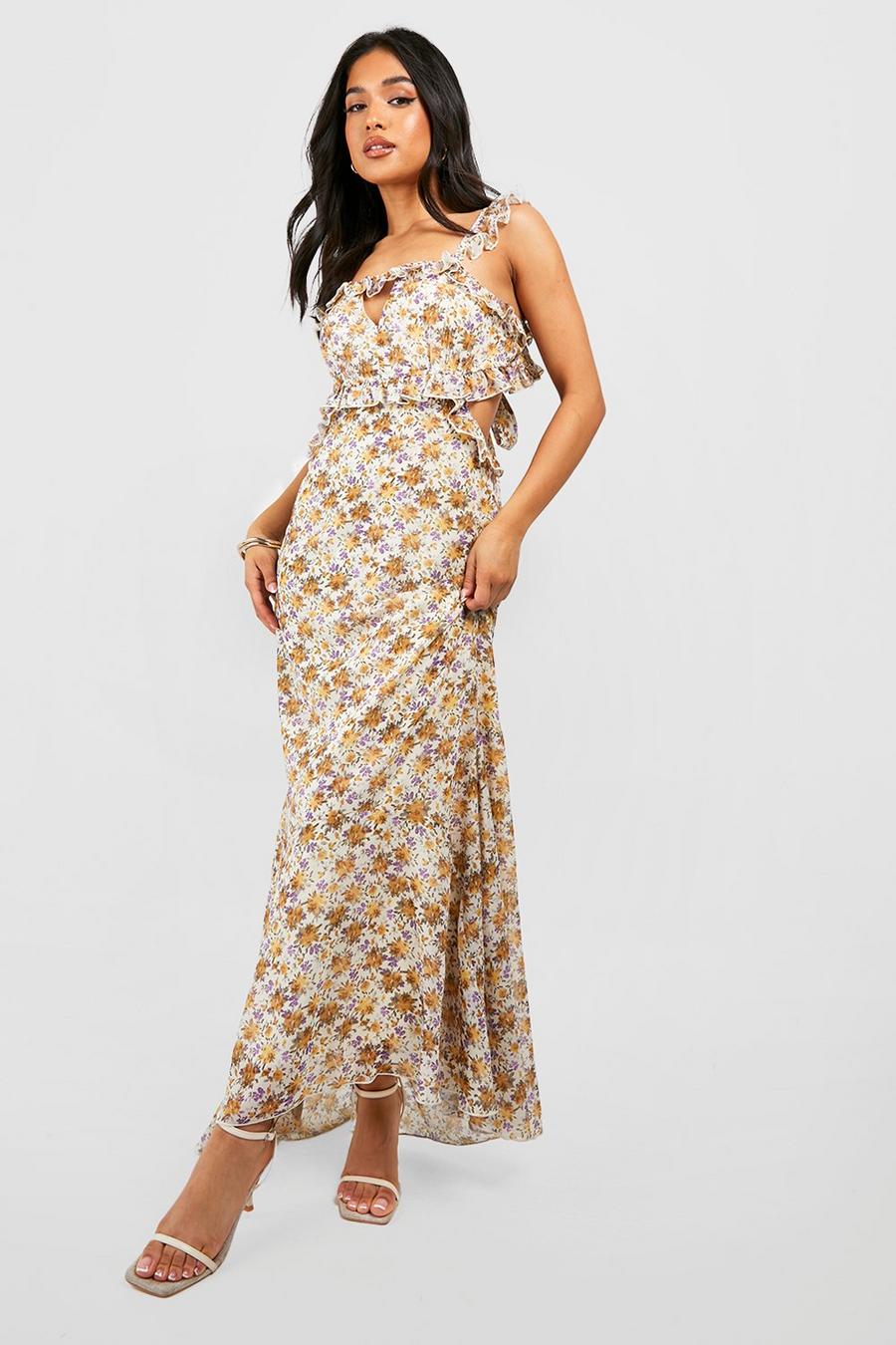Ivory Petite Floral Ruffle Detail Maxi Dress image number 1