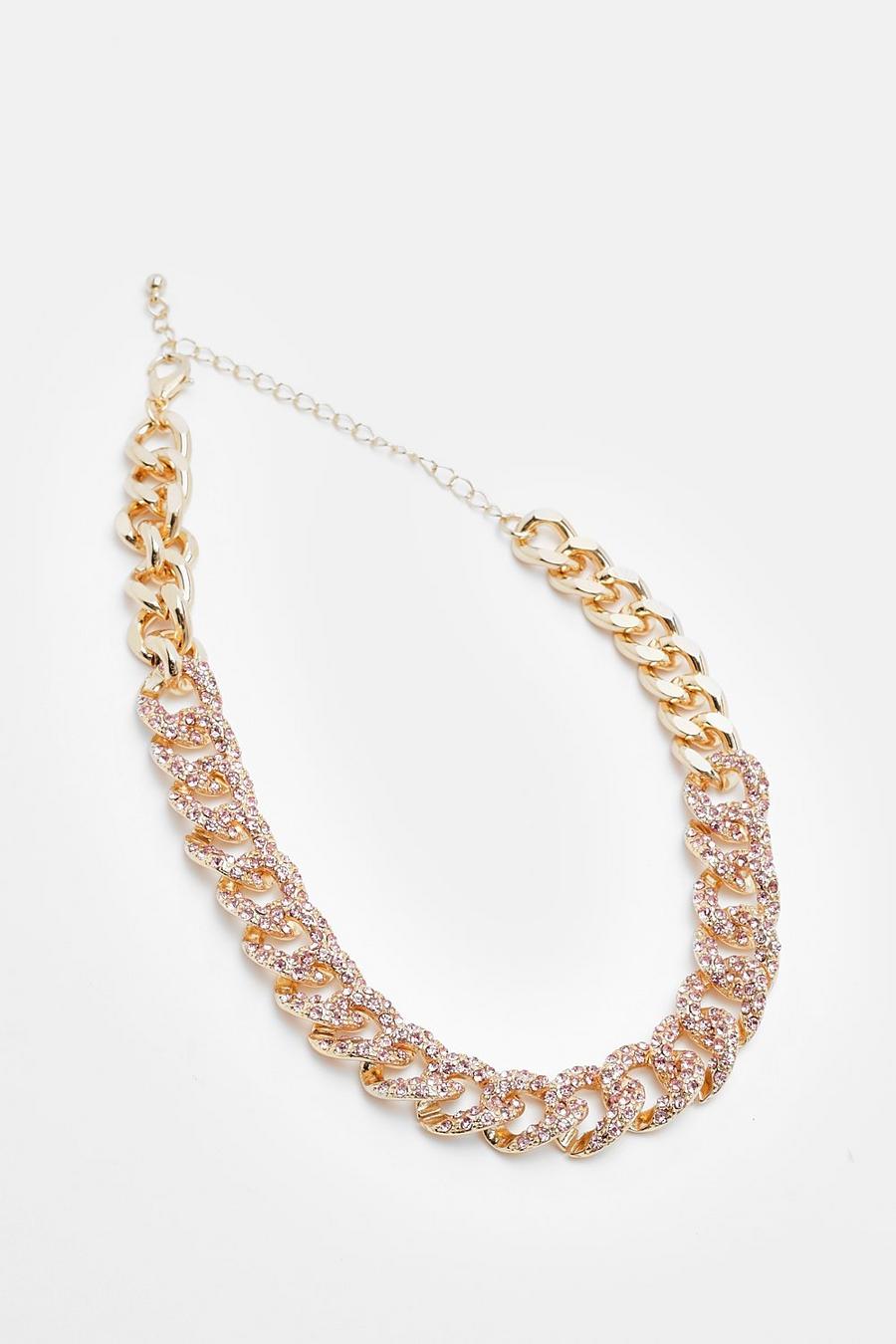 Gold Pink Pave Crystal Chain Link Choker Necklace image number 1