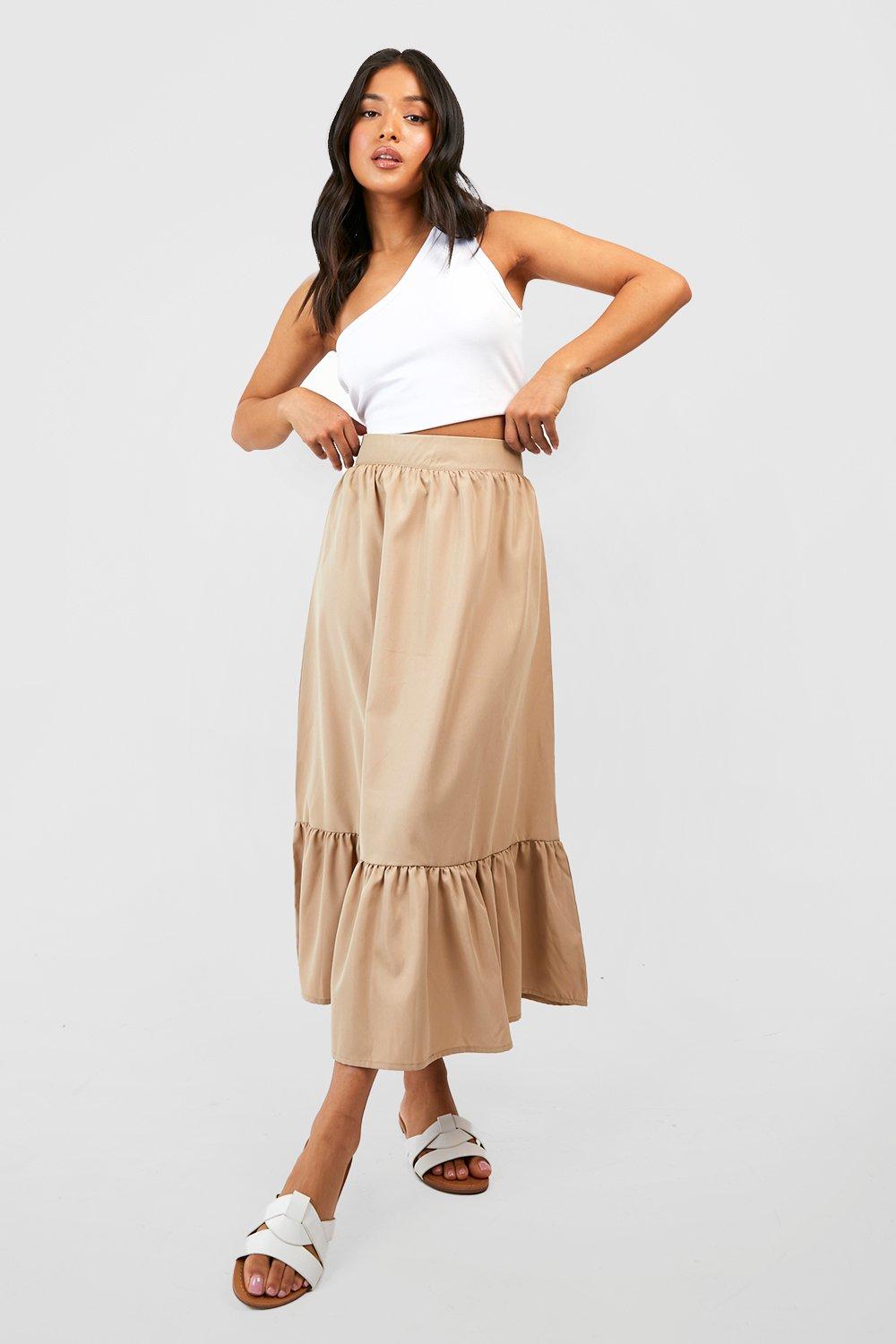 Petite Woven Tiered Boho Midi Skirt boohoo