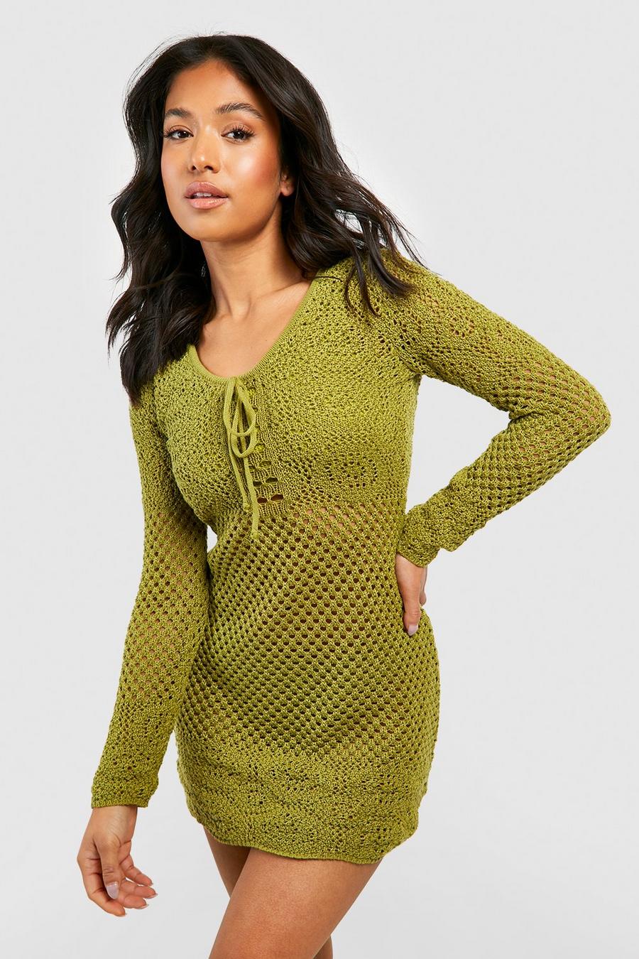 Olive grön Petite Recycled Tie Front Crochet Mini Dress  image number 1