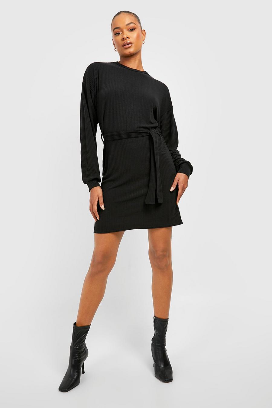 Black Tall Soft Rib Longsleeve Belted Mini Dress image number 1