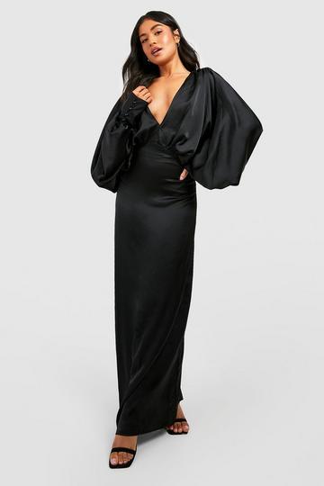 Petite Satin Plunge Blouson Sleeve Maxi Dress black