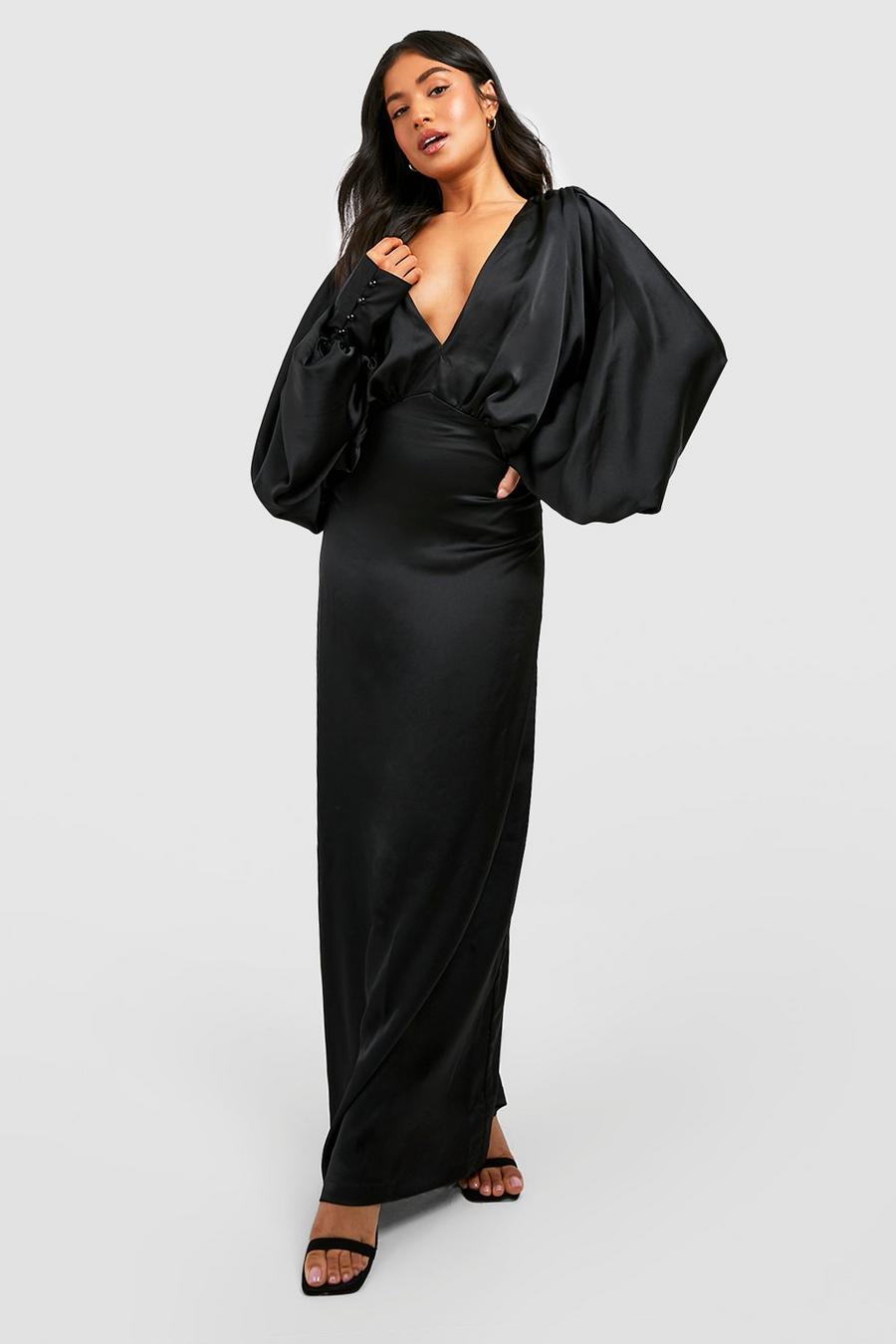 Black Petite Satin Plunge Blouson Sleeve Maxi Dress image number 1