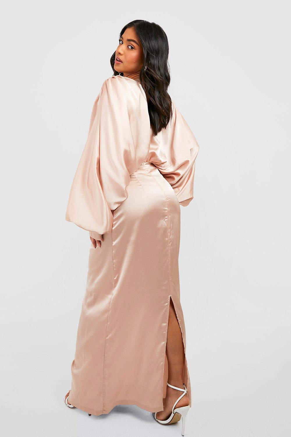 Petite Satin Plunge Blouson Sleeve Maxi Dress